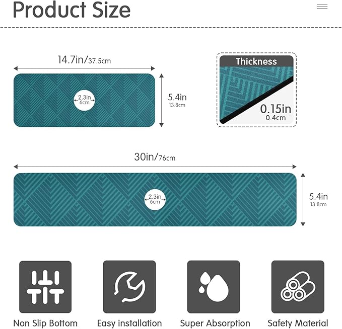 Kitchen Sink Splash Guard 2 PCS 14.7 Inch Sink Faucet Mat Splash Guard for Bathroom Countertop Water Absorbent Foldable Cuttable Soft Washable Dark Green Geometric Art