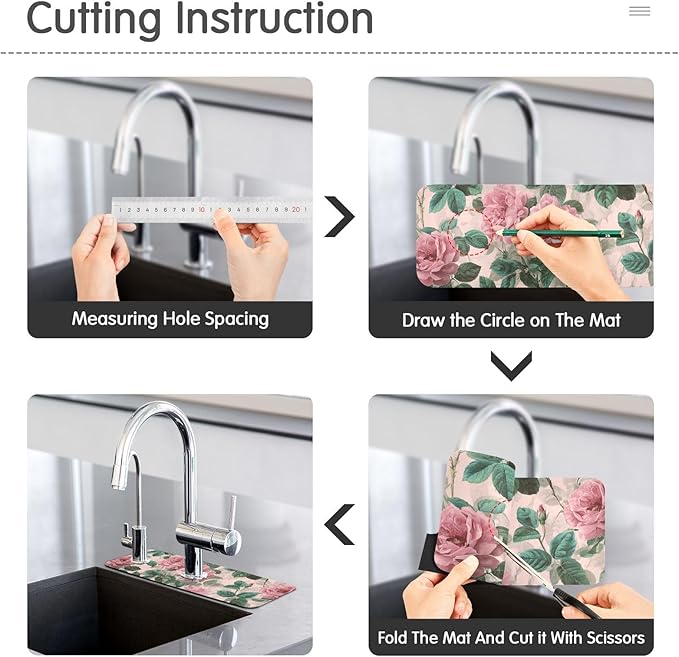 Kitchen Sink Splash Guard 2 PCS 14.7 Inch Sink Faucet Mat Splash Guard for Bathroom Countertop Water Absorbent Foldable Cuttable Soft Washable Pink Vintage Roses with Leaves