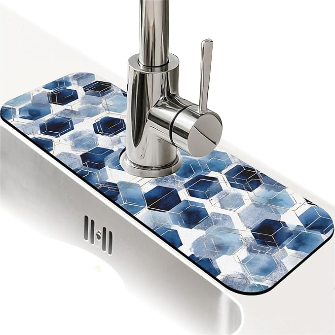 Kitchen Sink Splash Guard，Watercolor blue hexagon Faucet Mat Sink Gadgets-Super Absorbent Fast Drying Mat Drip Catcher for Kitchen, Bathroom,Sink Mat, Dish Drying Mat, Bathroom(15" X 5.5" )