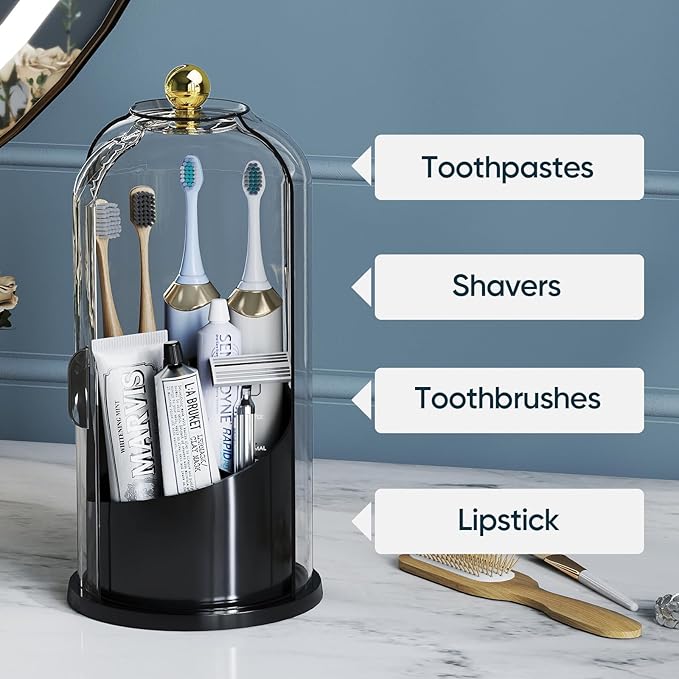 Delamu Covered Toothbrush Holder with 180° Dustproof Sliding Lid, Toothbrush Organizer with 360° Smooth Rotating Base, 3 Slots Makeup Brush Organizer for Vanity, Black