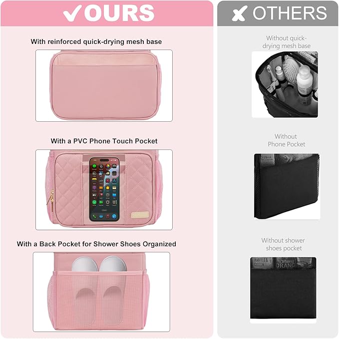 Portable Shower Caddy College Dorm Essentials, Large Toiletry Bag for Women Men, 2 Layers Quickly Dry Mesh Bathroom Tote Bag, Hanging Makeup Organizer Bag for Travel, Gym, Camping (Pink)