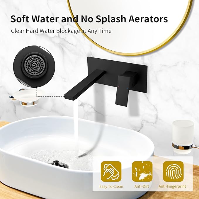 Wall Mounted Faucet, Matte Black, Modern Design, Single Handle, Wall Mounted Installation, Brass, 1 Handle, 1 Piece, JAN83