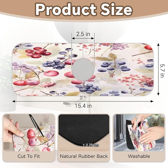 Watercolor Berry Cluster Kitchen Faucet Mat Splash Guard, 15.4”x5.7” Absorbent Quick Drying Sink Mat for Countertop Protection, Draining Mat Sink Protectors For Kitchen Bathroom, 1 Pack