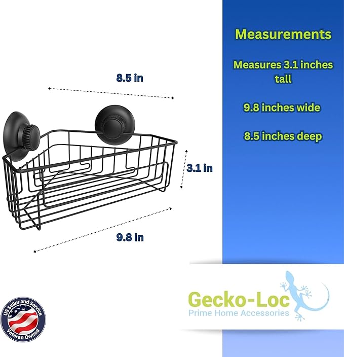 Gecko-Loc Corner Bathroom Shower Caddy shelf organizer suction cup wall storage basket - bath kitchen shampoo accessories shelves organizers caddies - Black