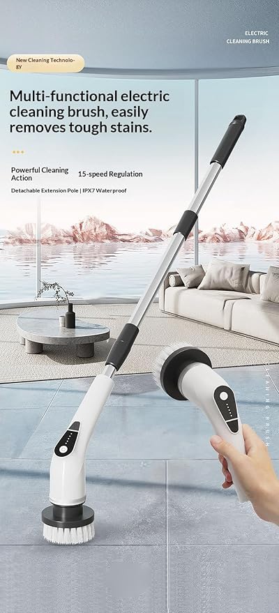 Multi-Functional Electric Rotary Cleaning Brush, with 8 Cleaning Brushes and 5 Speed Settings, Adjustable Long and Short Handles, Electric Scrubber for Bathroom bathtubs, Tiles and Floors (White)