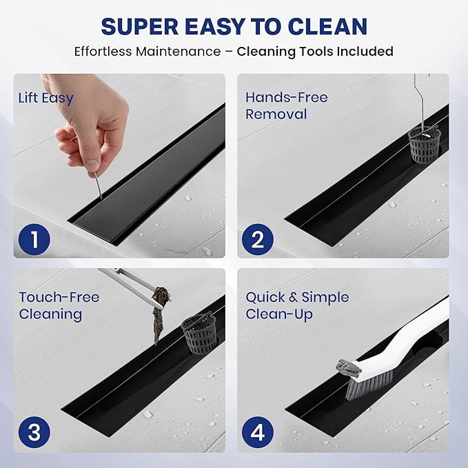 Linear Shower Drain 24 inch Matte Black with 2-in-1 Flat & Tile Insert Cover - 304 Stainless Steel Shower Floor Drain - Bathroom Drain with Reversible Cover & Hair Catcher - Includes Cleaning Tools
