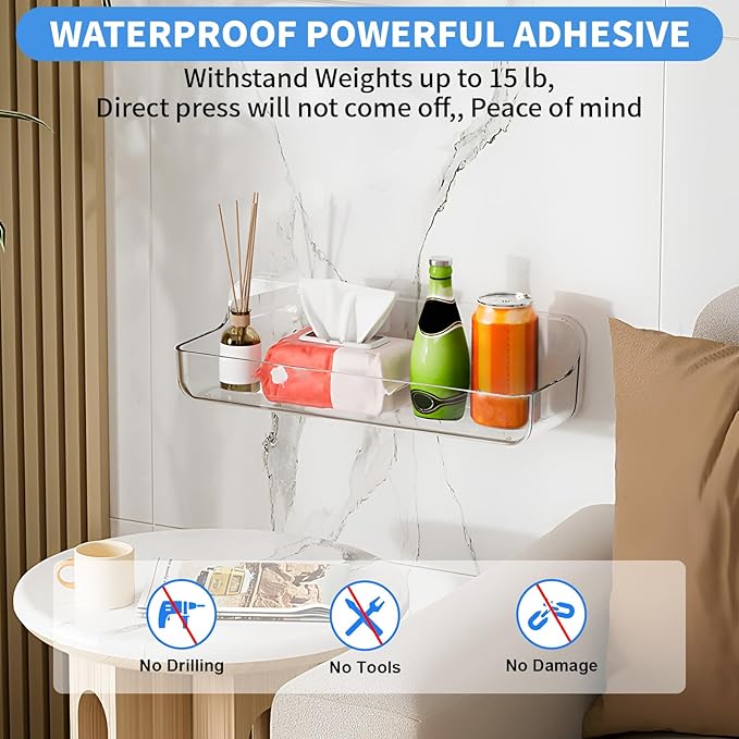 Diesisa 2pc Acrylic Wall Mount Organizer - Adhesive Shelf - Wall Organizers - No Drilling - Bathroom Shelves - Stick Wall Shelf with 3packs Self Adhesive Tapes, for Bathroom, Kitchen-Clear