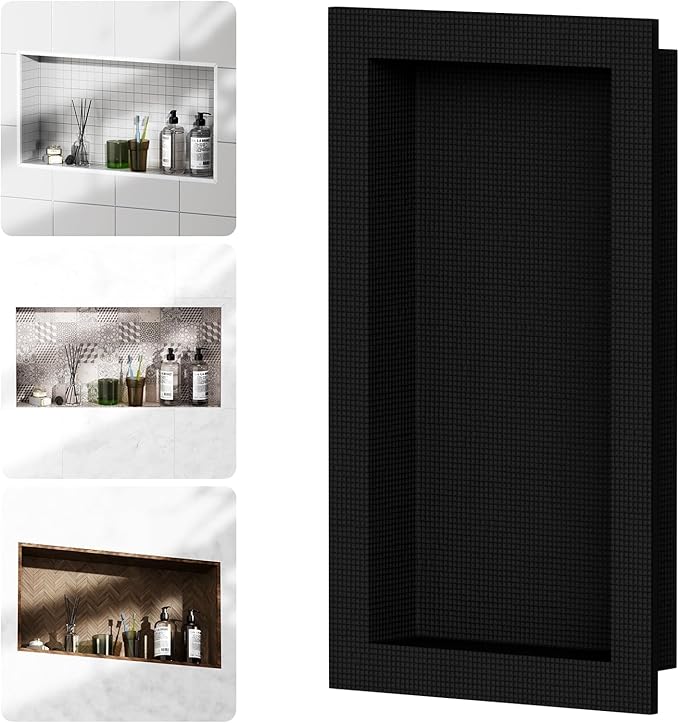Homevacious 16 X 28 Inch XPS Shower Niche Ready for Tile Bathroom Wall Niche Insert Tile Ready Black Waterproof Shelf Recessed Shower Boxes for Bathroom Storage