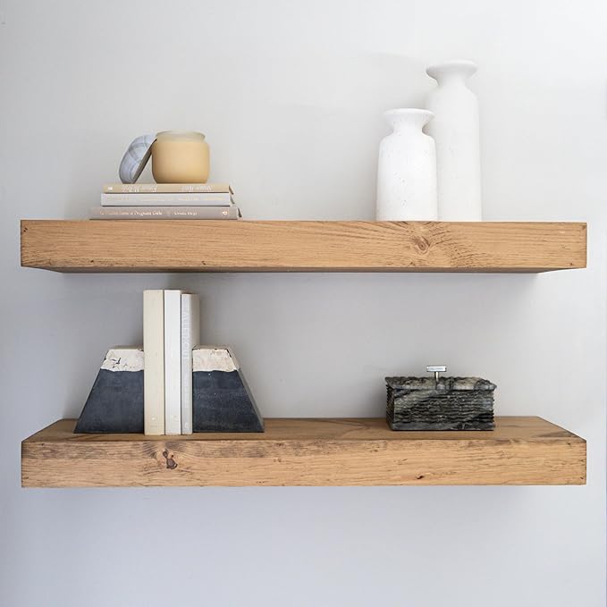 Urbandi Modern Floating Shelves 3 Inches Thick for Wall, Wide Shelves for Kitchen, Living Room, Bedroom, and Bathroom, Natural Pine Wood, Rustic Wooden Shelf, (Set of 2) (Aged Oak, 60Lx3Hx6D)
