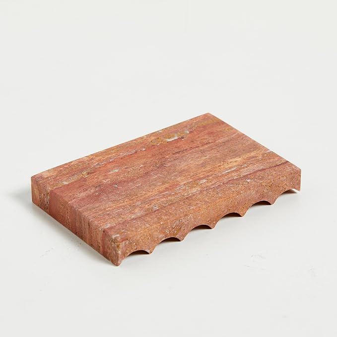 Luxurious Marble Soap Dish Jewelry Ring Tray - Rectangle Stone Soap Tray & Saver for Shower – Self Draining Soap Holder for Bathroom, Kitchen, Red Travertine
