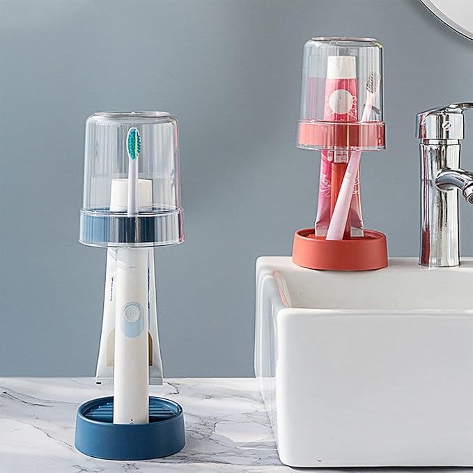 Toothbrush Holder with Tooth Brush Cup/Cover, Toothpaste Holder Stand for Regular and Electric Toothbrushes, Dental Storage Organizer Holders for Bathroom Countertop (White)