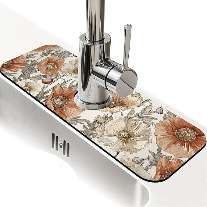 Kitchen Sink Splash Guard，orange and brown poppies Faucet Mat Sink Gadgets-Super Absorbent Fast Drying Mat Drip Catcher for Kitchen, Bathroom,Sink Mat, Dish Drying Mat, Bathroom(15" X 5.5" )