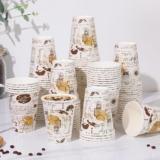 SIUQ Coffee Cups 12 oz 240 Pack, Leak-Proof Disposable Paper Cups with Retro Design, for Hot/Cold Beverages, Ideal for Party, Business, Travel, Picnic, Offices and Cafes