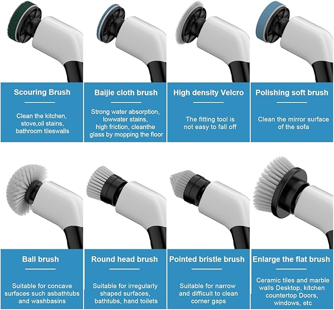 YKYI Replaceable Brush Heads Set,8 Pack for 𝐄𝐥𝐞𝐜𝐭𝐫𝐢𝐜 𝐒𝐩𝐢𝐧 𝐒𝐜𝐫𝐮𝐛𝐛𝐞𝐫,Suitable for Model ANS-8051A/8050 Power Shower Scrubber,for Household Cleaning and Heavy Oil Pollution Cleaning