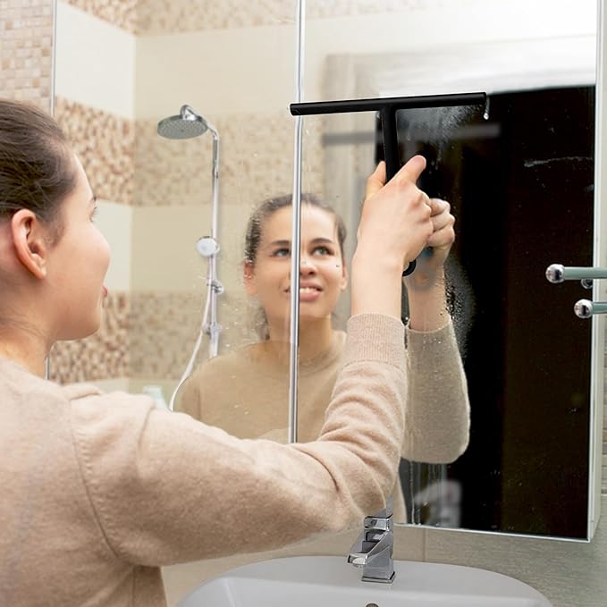 Splash Home Shower Squeegee for Glass Doors - Black Bathroom Squeegee with Suction Hook, Glass Shower Door Squeegee for Streak-Free Cleaning, Shower Wiper for Glass Doors and Tiles, 8.5" Wide Blade