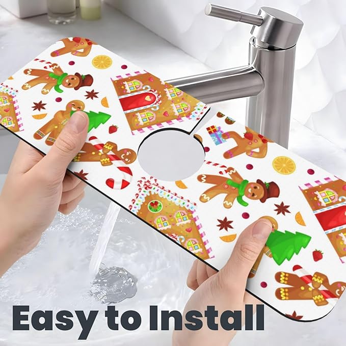 Christmas House Gingerbread Man Furits Kitchen Sink Splash Guard Faucet Mat 1 Pcs, Absorbent Fast Drying Mat Gadgets Splash Guard For Bathroom 15 X 5.5 Inches