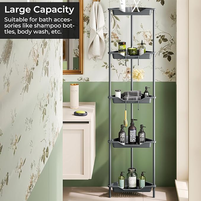 ODesign 5 Tier Floor Standing Corner Shower Caddy Organizer, Plastic Metal Floor Corner Shelf Storage Rack for Bathroom Grey - Rustproof