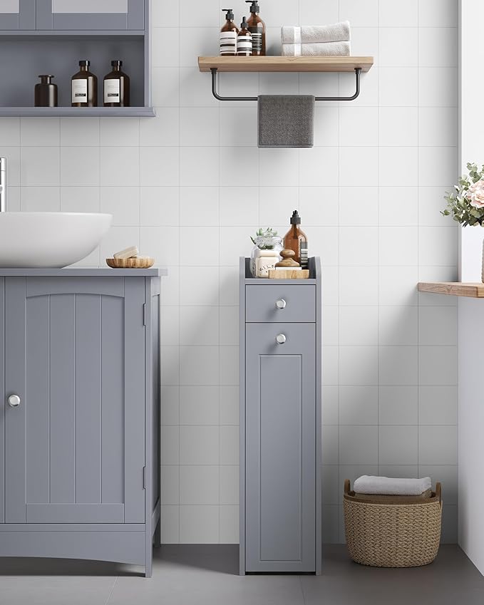 VASAGLE Slim Storage Cabinet, Narrow Storage Organizer with Slide Out Drawers, Freestanding Toilet Paper Holder, Small Space Skinny Cabinet for Bathroom Kitchen Corner, Dove Gray UBBC847G02