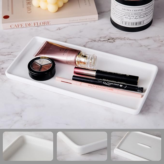 Bathroom Tray countertop 10" Set of 2, Ceramic Vanity Tray,Organizer Tray,Kitchen soap Tray (White)