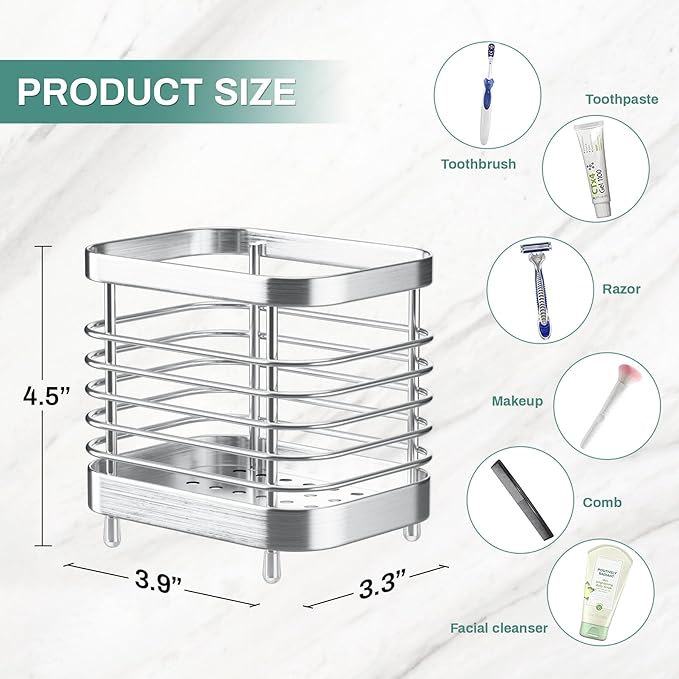 Countertop Toothbrush Holder for Bathroom, Stainless Steel Electric Tooth Brush Stand Storage Organizer with Drainage, Kids Toothpaste Holder Caddy, Silver Bathroom Sink Accessories Decor