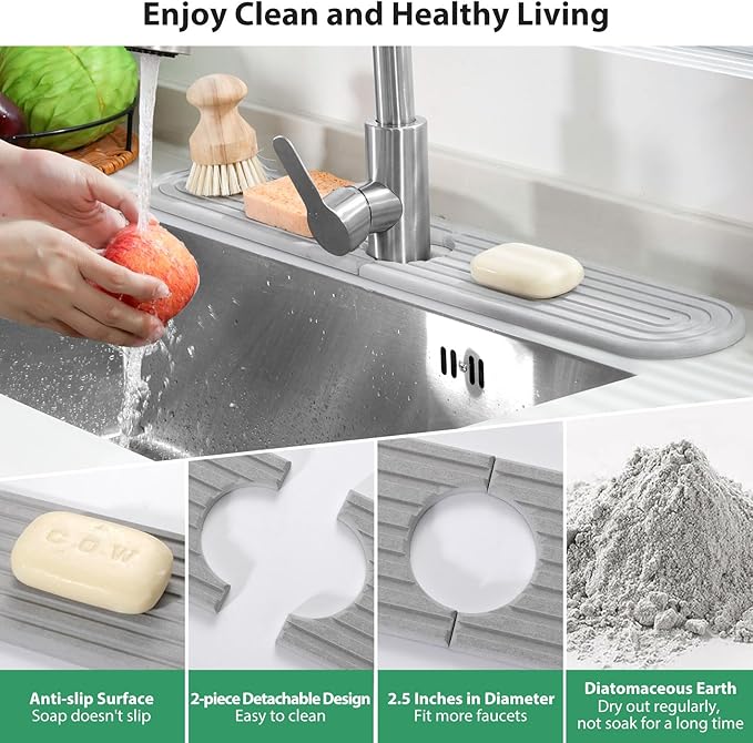 Shinowa Faucet Mat for Kitchen Sink, Diatomite Kitchen Sink Splash Guard, Quick Drying Water Stone for Kitchen Sink, Sink Splash Guard for Kitchen Bathroom,Included Sand Paper (Light Grey, 24'' x 4'')