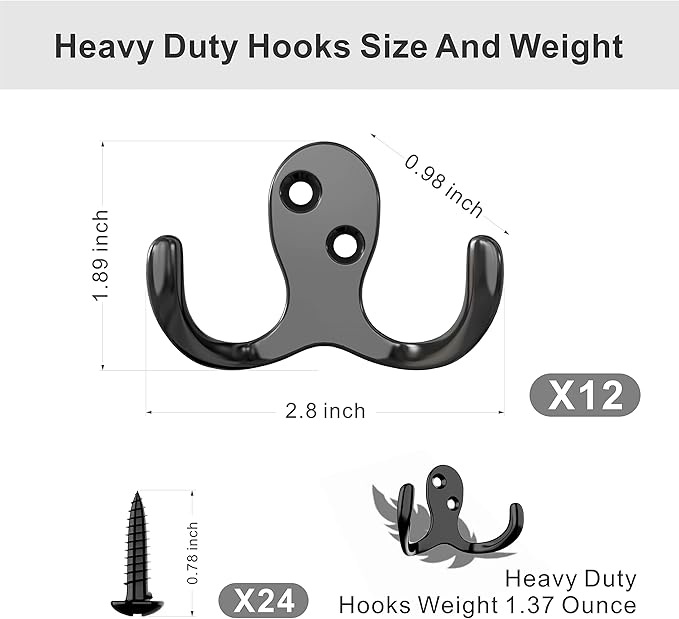 12-Pack Heavy Duty Double Prong Coat Hooks, Metal Wall Mounted Robe & Mug Hooks with 24 Screws for Kitchen, Pantry, Bedroom, Bathroom