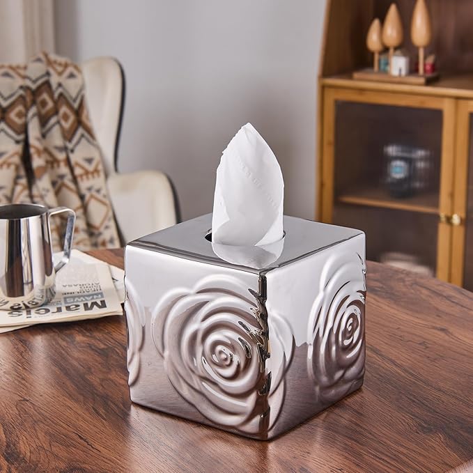 Silver Ceramic Cube Tissue Box Cover with Rose – Large Elegant Rose Floral Square Decorative Tissue Box Holder for Bathroom, Bedroom, Office Desk, Kitchen Counter – Perfect Housewarming Gift