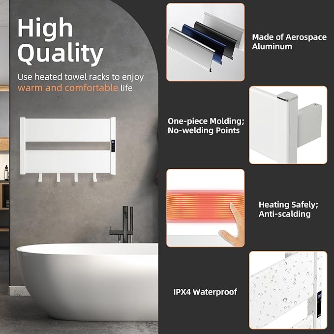 K&KALONZO Towel Warmer for Bathroom,Wall-Mounted Heated Towel Rack with Built-in Timer,Waterproof Alumnimum Electric Towel Heater, Support Plug-in and Hardwired, Sliver,H2-W