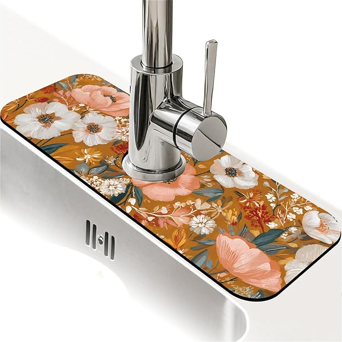 Kitchen Sink Splash Guard，Soft hues floral Faucet Mat Sink Gadgets-Super Absorbent Fast Drying Mat Drip Catcher for Kitchen, Bathroom,Sink Mat, Dish Drying Mat, Bathroom(15" X 5.5" )