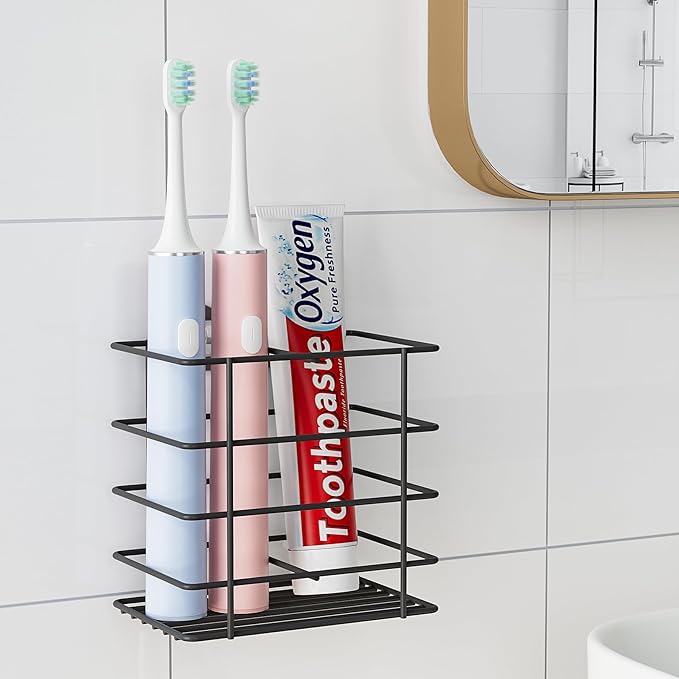 Shower Toothbrush Holder Wall Mounted, Adhesive Toothpaste Organizer for Bathroom Wall, Hanging Razor Tooth Brush Holder Caddy with Drainage, Black RV Camper Bathroom Organizers and Storage