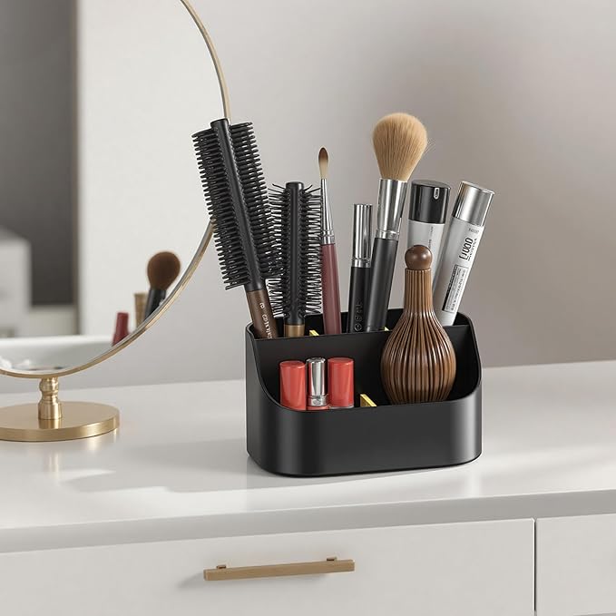 Mens Countertop Toothbrush Holders for Bathrooms, Plastic Toothpaste and Electric Tooth Brush Holder Storage Caddy Stand for Shower, 5 Slots Kids Bathroom Counter Organizer for Vanity, Black