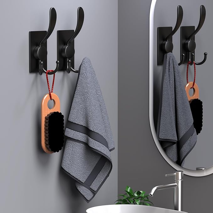 PMMASTO Adhesive Towel Hooks Heavy Duty Wall Hooks Stainless Steel Stick on Door Hooks for Hanging Coat, Hat, Towel Robe Hook-Bathroom Kitchen (Black-4 Pack)
