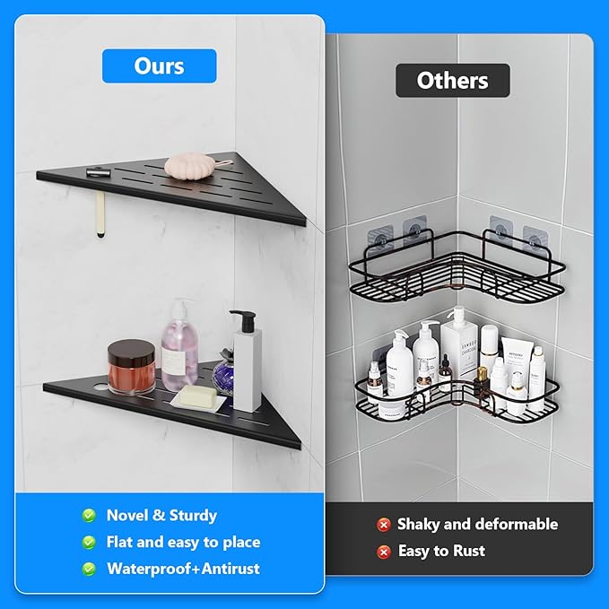 10" Corner Shower Shelf, 304 Stainless Steel Shower Caddy with Razor Hole, Shower Shelf for Inside Shower, Modern Sturdy Shelves for Tile Walls, Bathroom Shelves (Black)