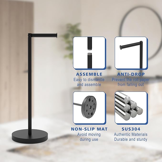 Free Standing Toilet Paper Holder Stand with Weighted Base, SUS304 180 Degree Rotatable Tissue Holder with Shelf, Can Extra Storage 4 Rolls, Black Bathroom Toilet Roll Holder
