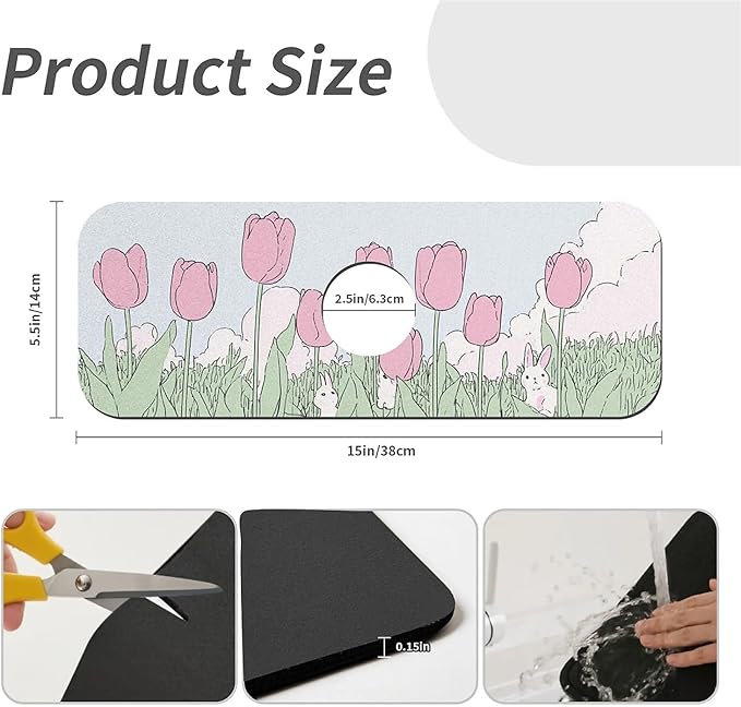 Kitchen Sink Splash Guard，pink tulips,white rabbits Faucet Mat Sink Gadgets-Super Absorbent Fast Drying Mat Drip Catcher for Kitchen, Bathroom,Sink Mat, Dish Drying Mat, Bathroom(15" X 5.5" )