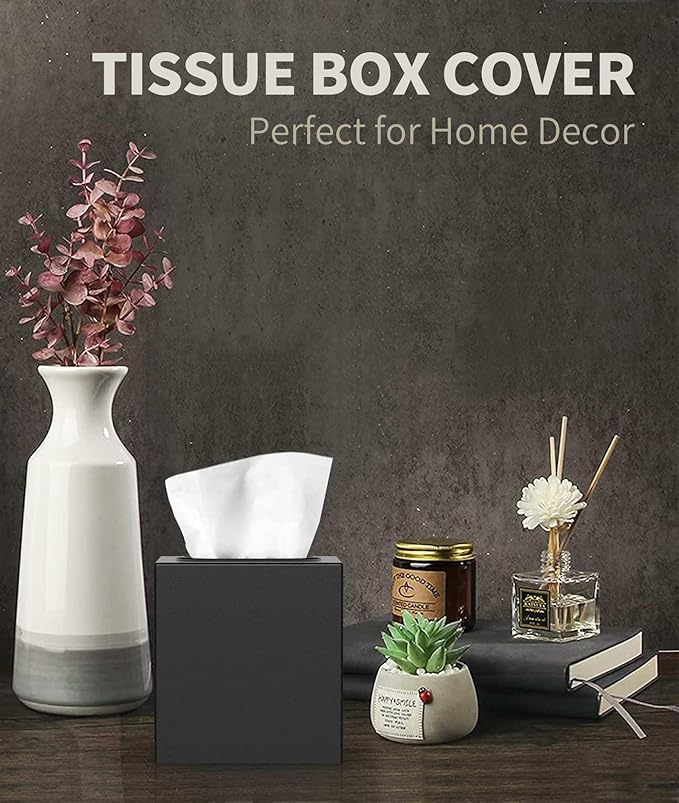 Livelab Metal Tissue Box Cover, Square Tissue Box Holder Modern Decor Facial Napkin Holder Tissue Box Dispenser for Bathroom Vanity Countertop, Living Room, Bedroom, Office | Black