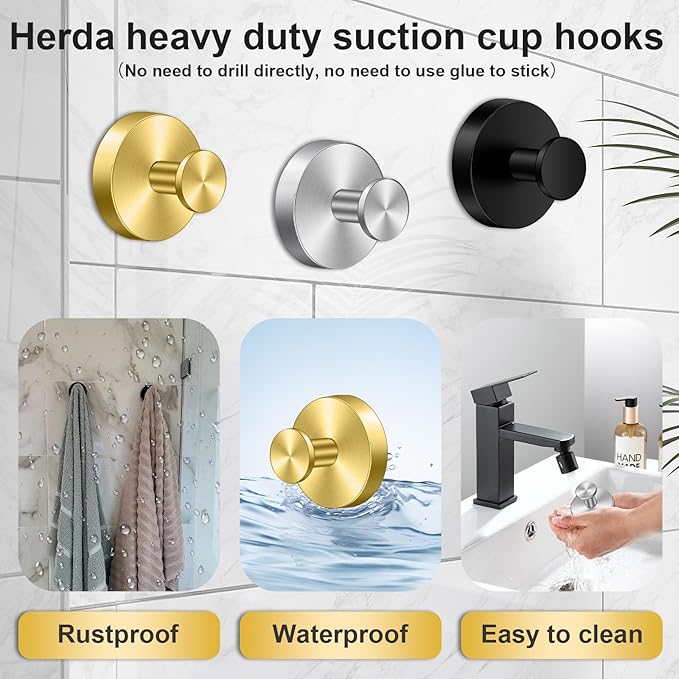 Herda Suction Cup Hooks Heavy Duty Wreath Hangers for Front Door, Stainless Steel Suction Cup Hooks for Shower, Glass, Windows, Walls Waterproof Drill-Free Towel Hooks, Holds Up to 15 Lbs-4 Pack, Gold