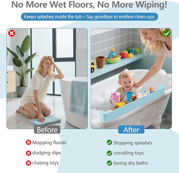 2.6-Ft Bathtub Splash Guard for Tub Kids, Silicone Splash Shield with 11 Suction Cups, Toy Tray Shelf, No Spill Water Barrier, Prevents Mess, Fun Bathtime for Toddlers Baby–Blue