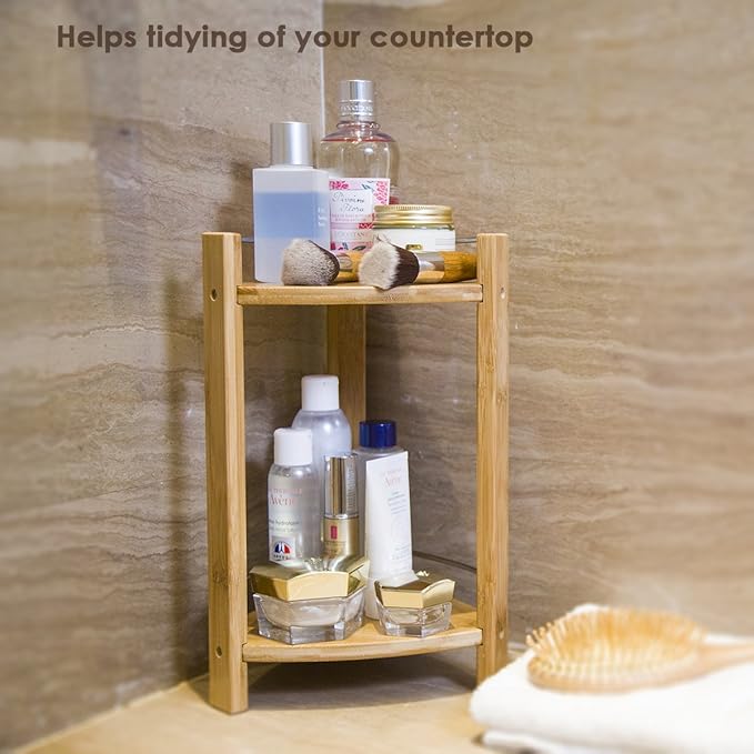 GOBAM Bamboo Shower Corner Caddy, Medium - 2 Tier Bathroom Organizer Countertop for Shampoo, Conditioner, Lotion, Soap - Standing Shower Stand for Kitchen, Bedroom, or Office