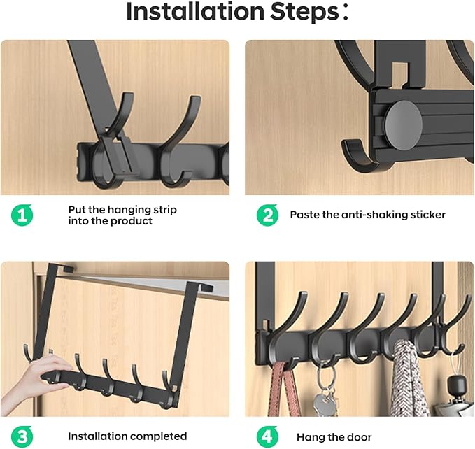 Over The Door Hooks - NO Nail Door Hanger Hook,NO Assembly REQUIERDE Coat Rack on Door with 12 Hooks,Over The Door Towel Racks for Bathroom,Bedroom,Kitchen,Hanging Towels,Coats (Black)