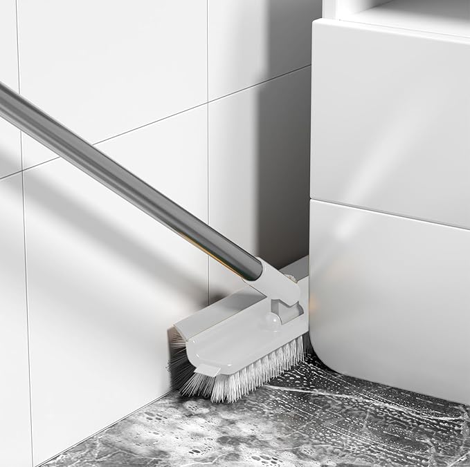 Grout Scrub Brush with 42" Long Handle Double-Sided Floor Scrub Brush V-Shape Grout Cleaner with Squeegee 180° Rotating for Tile Floors, Baseboards, Wall