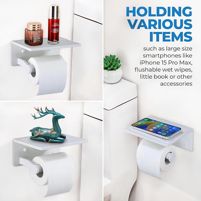 Toilet Paper Holder with Phone Shelf - Tissue Roll Holder Bathroom Storage Dispenser - Adhesive Toilet Paper Holder Wall Mount Bathroom Décor - Matte White