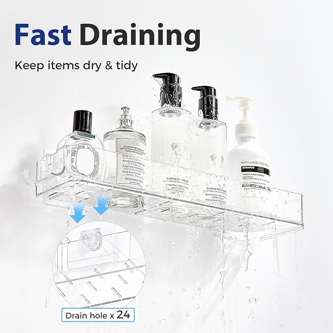 2 Pack Acrylic Shower Shelves, Clear Bathroom Tray with Hooks, Adhesive Wall Mount Shower Caddy Organizer for Bathroom Kitchen Storage