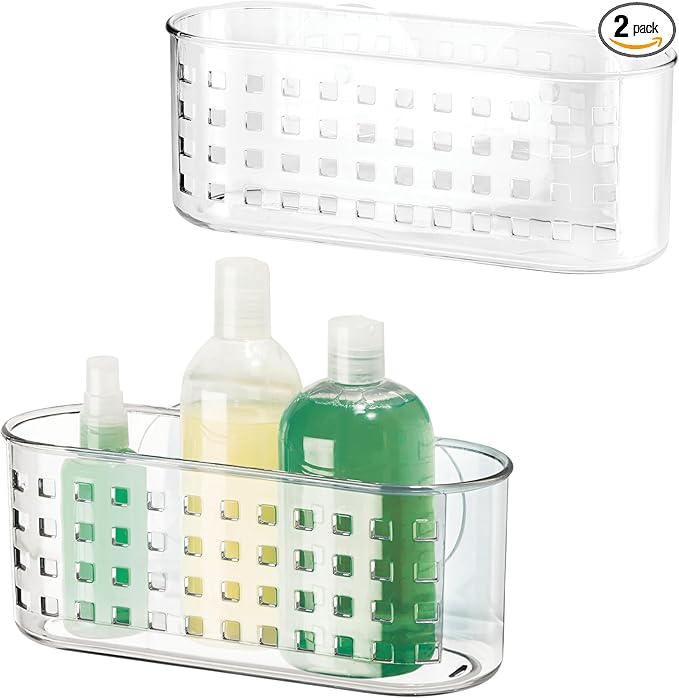 iDesign Hanging Suction Shower Caddy Basket for Bathroom Storage, Set of 2, Clear, Made in USA
