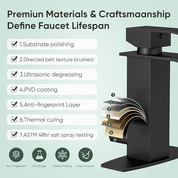 Hoimpro Black Waterfall Bathroom Faucet with cUPC Supply Lines, Single Handle Bathroom Sink Faucet with Pop-up Drain, Rv Vanity Vessel Faucet with Deck Plate, Matte Black, 1 or 3 Hole
