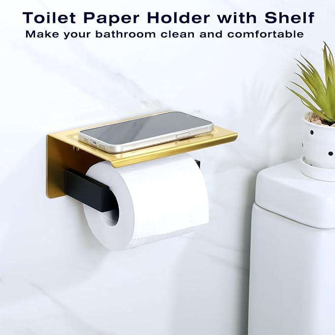 Alise Toilet Paper Holder with Shelf,SUS304 Stainless Steel Toilet Paper Roll Holder Bathroom Tissue Holder Storage Dispenser,Self Adhesive or Wall Mount Drilling,Gold and Black Finish