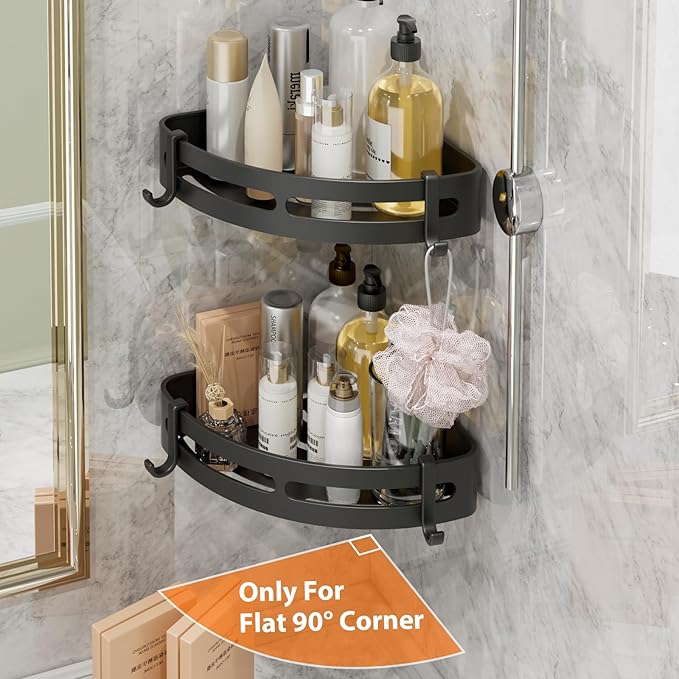 Adhesive Shower Corner Caddy，2-Pack Heavy Duty Shower Corner Shelves Rack with 8 Hooks and 1 Towel Bar，Rustproof Bathroom Organizer No Drilling Wall Mounted