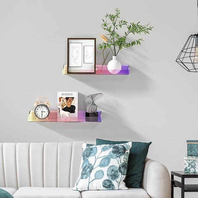 2 Pack Acrylic Shelves for Wall Storage, 15" Floating Shelves, Kids Bookshelf, Nail Polish Holder, Perfume Display Shelf Organizer for Bathroom, Bedroom, Living Room, Iridescent