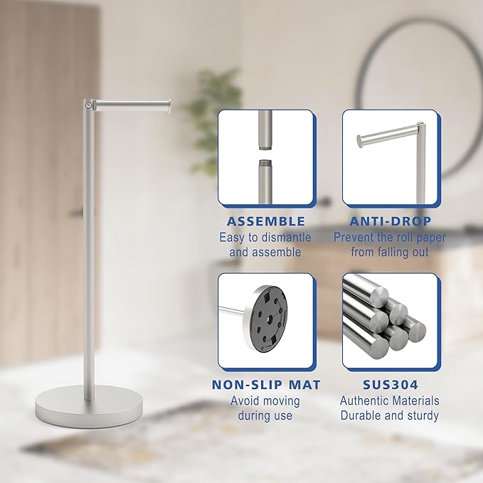 Free Standing Toilet Paper Rack, SUS304 180 Degree Rotatable Tissue Holder with Shelf, Brushed Nickel Bathroom Storage Toilet Roll Stand