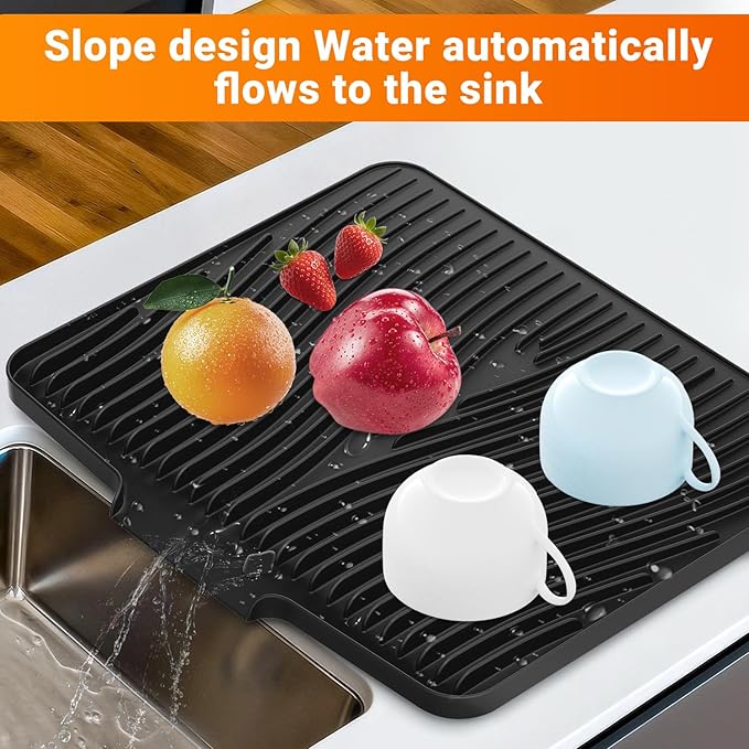 Silicone Dish Drying Mat for Kitchen Counter, 15.8" x 13"Dish Drying Pad, Non-Slip Drain Pad with Built-in Drain, Heat Resistant Stone Drying Mat, Black